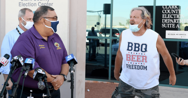 Trump fan in 'BBQ, beer, freedom' t-shirt yells 'Biden crime family is stealing election' at Nevada press meet