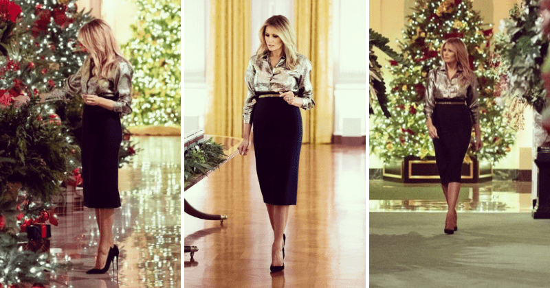 Melania Trump looks stunning as she unveils White House Christmas decor in metallic shirt and favorite Louboutins