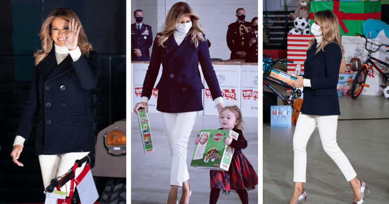 Melania Trump looks stylish in peacoat and cigarette pants as she brings Christmas joy at 'Toys for Tots' event