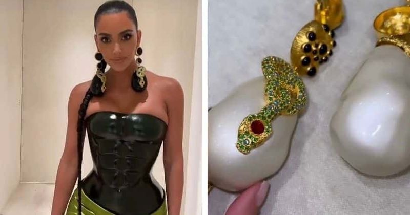 Is Kim Kardashian collaborating with Schiaparelli? Check out her Christmas look featuring eggplant-snake earrings