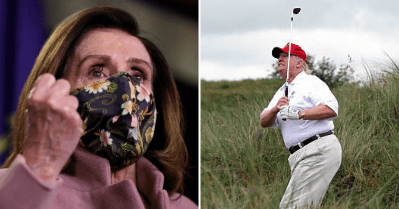 Trump sports MAGA cap playing golf for first time after presidency, Nancy Pelosi says 'Thank God he's gone'
