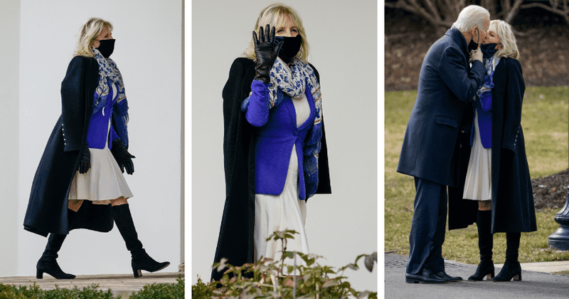 Jill Biden wows in pleated dress and peacoat as she kisses Joe Biden before his first trip out of White House