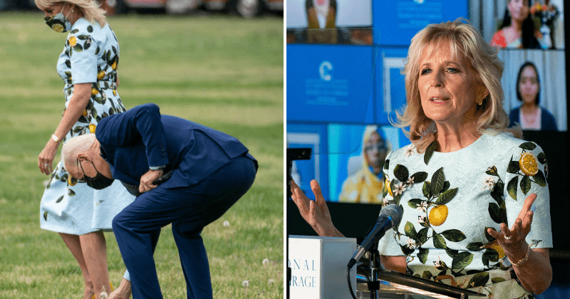 Jill Biden repeats blue lemon print dress as Joe Biden stops to pick dandelion for her, fans say ‘bellissimo’