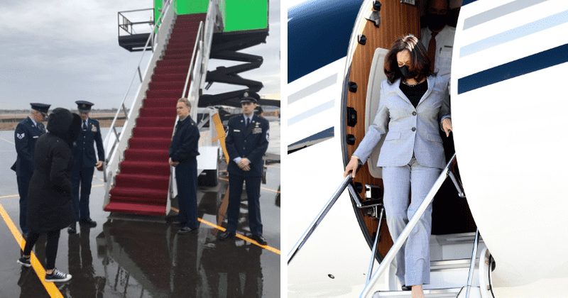 Did Kamala Harris fake plane boarding? Truth behind viral pic with lookalike near stairs against green screen