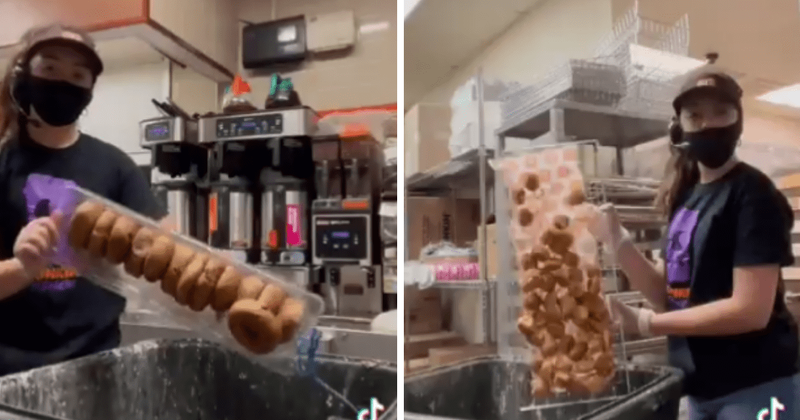 Dozens of Dunkin’ Donuts thown out at closing time in shocking video: 'It could feed many homeless'