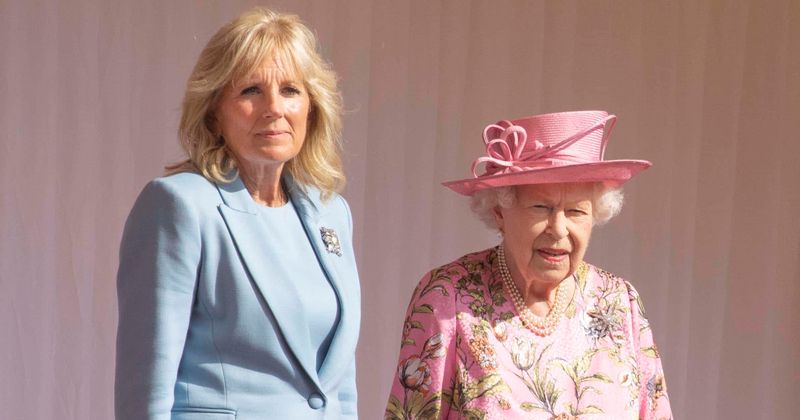 Queen outshines Jill Biden in pink floral dress, hat as she hosts Bidens for tea