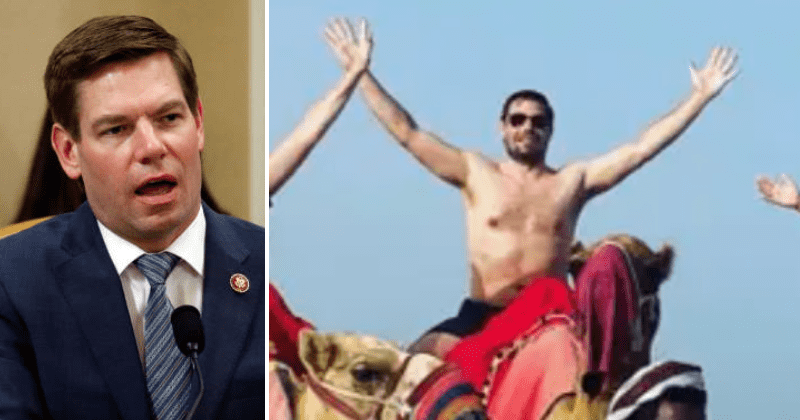 Eric Swalwell slammed for topless pic while riding camel during Qatar trip