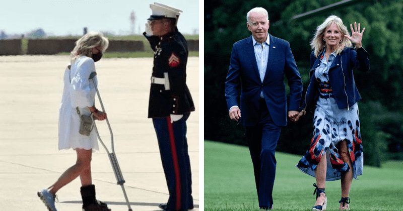 Is Jill Biden OK? FLOTUS mocked for leaning on crutch on right while being injured on left foot