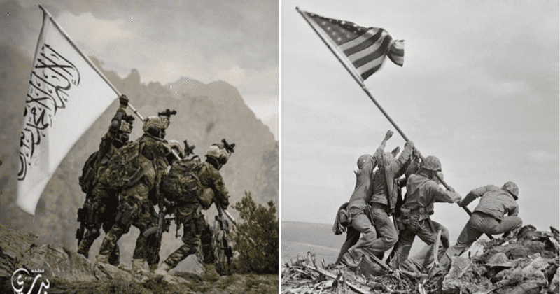 Joe Biden ripped after Taliban fighters wearing US army gear mock iconic 1945 photo of marines