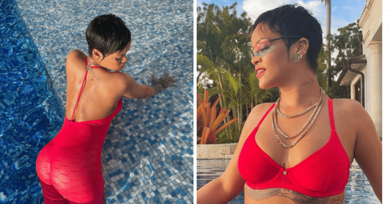 Rihanna sizzles in red hot Savage X Fenty bodysuit while posing in cool blue waters