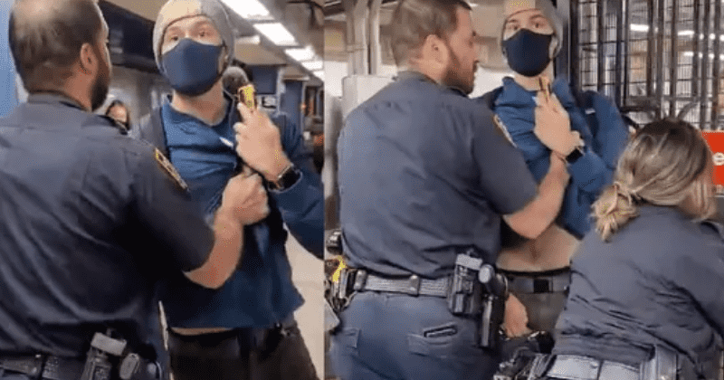 Unmasked NYPD cop who threw man outside subway station in viral video won't be fired