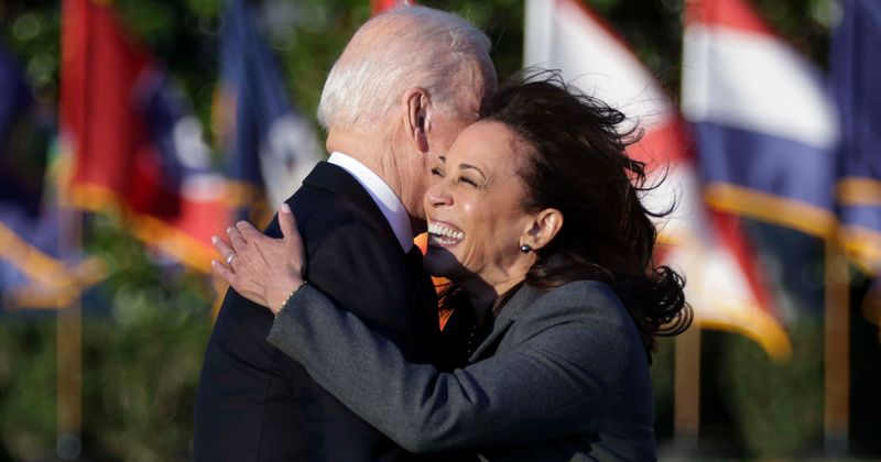 Joe Biden and Kamala Harris share AWKWARD hug amid rift rumors as trolls slam 'grifters'