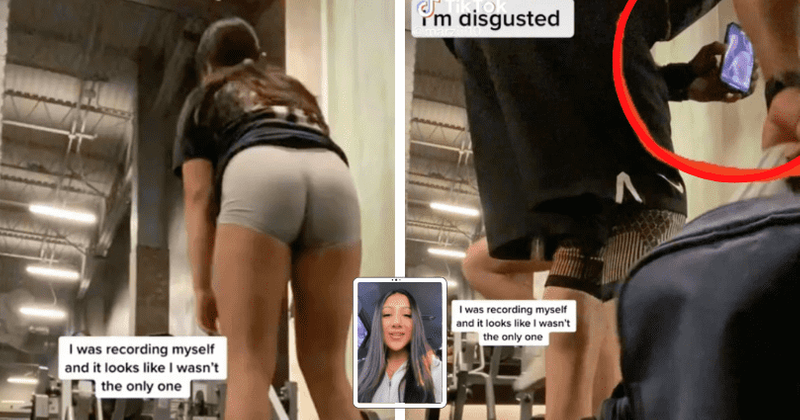 Woman recording herself working out in gym on TikTok inadvertently catches PERV filming her