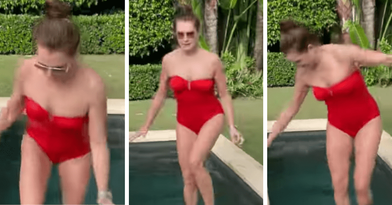 Brooke Shields rocks sexy red bikini as she takes quick dip in pool for Thanksgiving