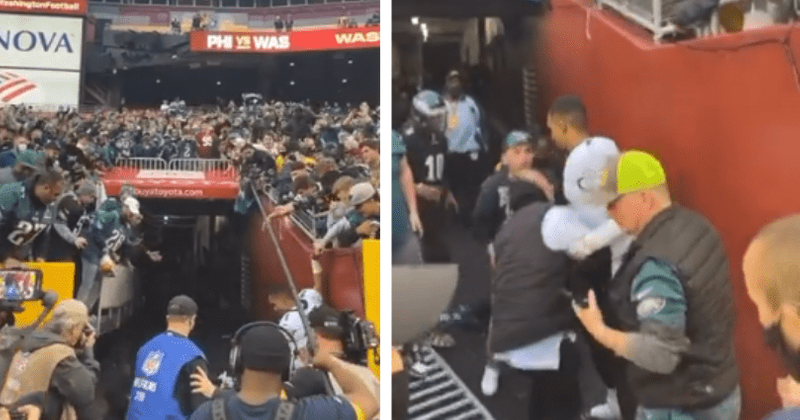 Eagles' Jalen Hurts narrowly avoids serious injury after fans fall through FedEx Field railing