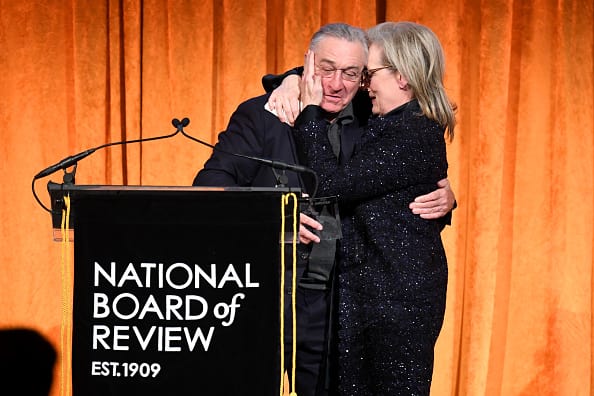 Robert De Niro (L) and Meryl Streep embrace onstage during the National Board of Review Annual Awards Gala at Cipriani 42nd Street on January 9, 2018 in New York City. (Photo by Dimitrios Kambouris/Getty Images for National Board of Review)