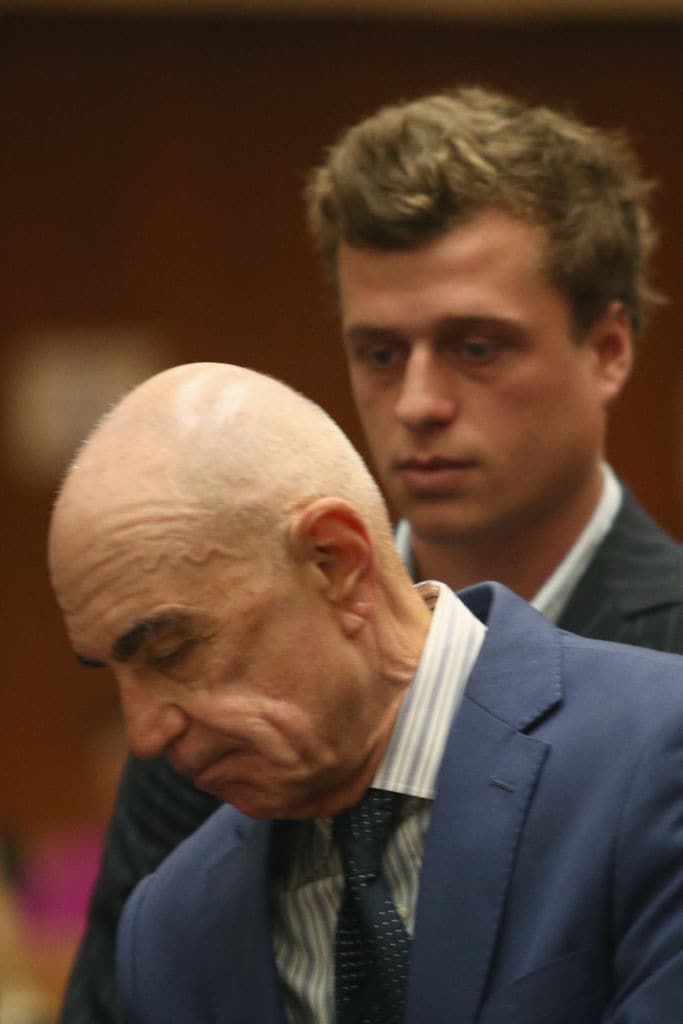 Attorney Robert Shapiro (L) and Conrad Hilton speak at Hilton's arraignment at Clara Shortridge Foltz Criminal Justice Center on June 29, 2017 in Los Angeles (Photo by Frederick M. Brown/Getty Images)
