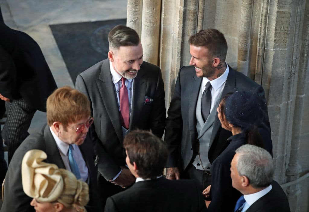 Elton and his husband David Furnish were greeting the Beckhams when he pecked David Beckham on the lips (Getty Images)