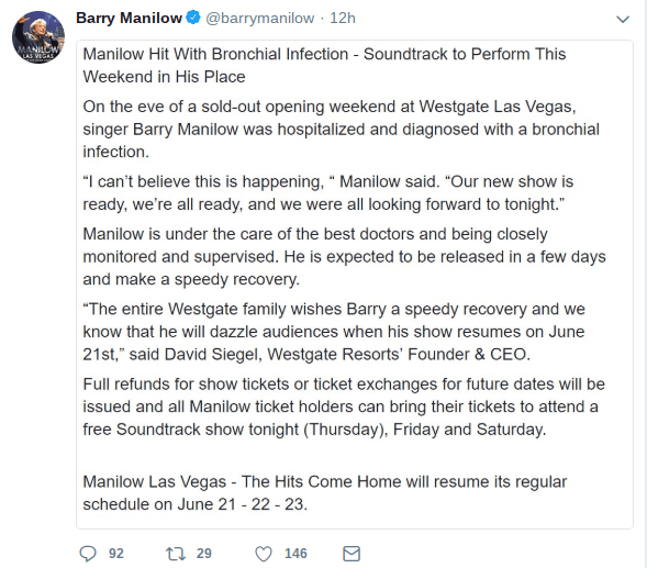 Barry Manilow cancels his Las Vegas shows, hospitalized for bronchial