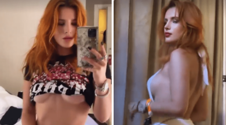 Bella Thorne flashes underboob in cropped top paired with neon green bikini bottoms