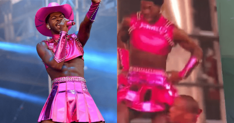 
                            
                            
                            
                            Lil Nas X cae y CASI revela todo debajo de la falda rosa metálica en el escenario