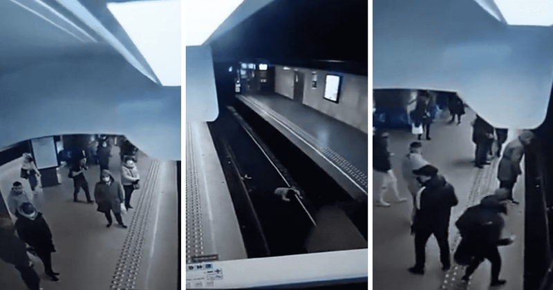                             Woman escapes death after man pushes her before approaching train in CHILLING video