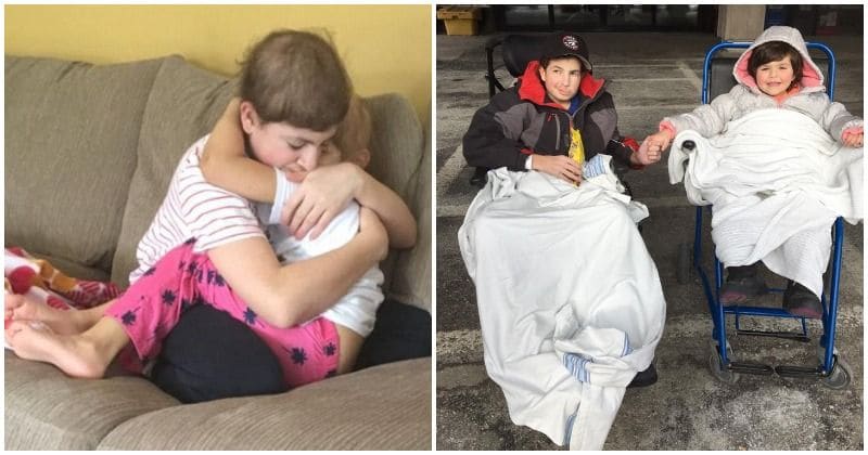 photo of two siblings fighting cancer and hugging in hospital room